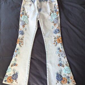 Driftwood Farrah Embroidered Bohemia Flare Jeans Size 29 Bell Bottoms Light Wash